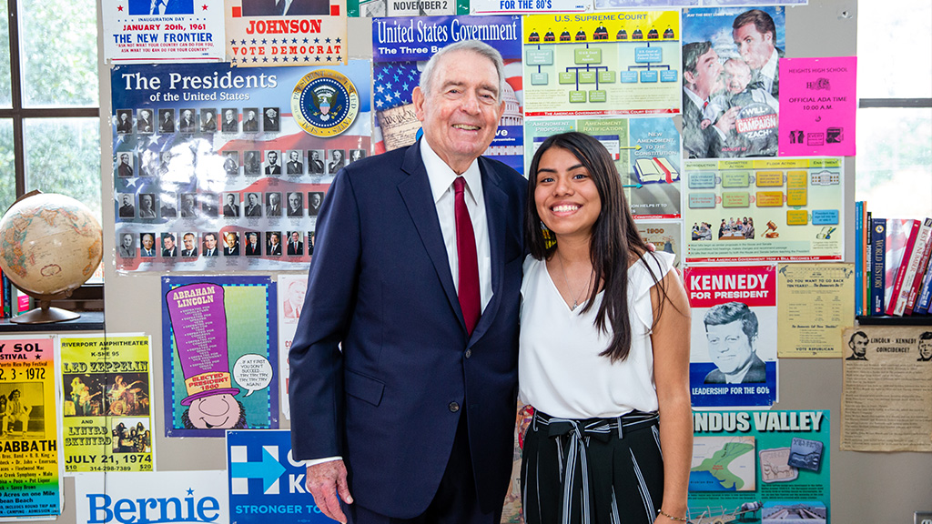 Dan Rather poses with Emily Ramirez the current Valedictorian of Heights High where he attended high school more than 70 years ago.