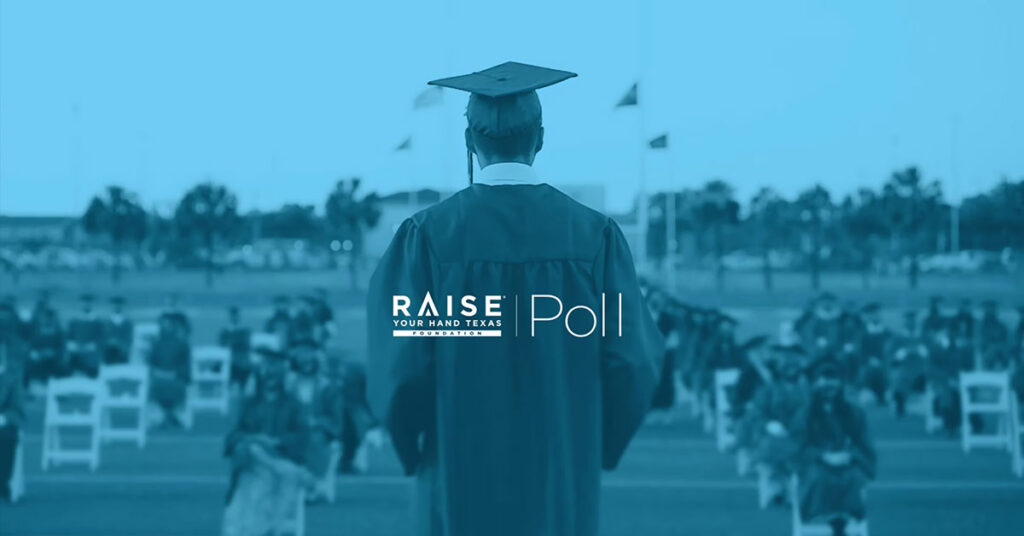 A valedictorian stands in front of his peers on graduation day. The viewer looks over his shoulder at the rows of students in front of him. The photo has been turned black and white with a blue wash. The words "Raise Your Hand Texas Foundation" and "poll" stand in relief against the speaker's figure.
