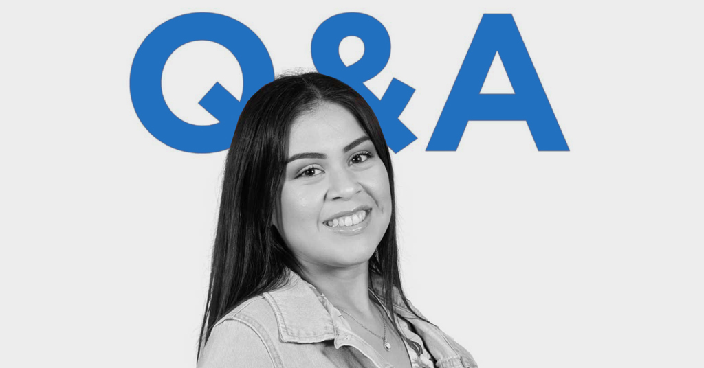 Featured is a black and white portrait of Theresa Garza, a Charles Butt Scholar Alum, set against the letters "Q&A."