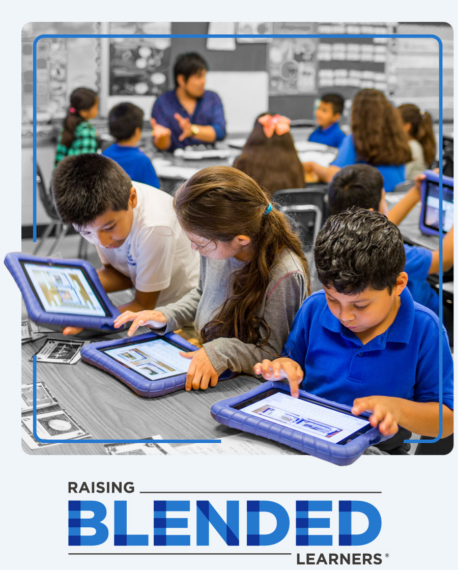 Raising Blended Learners cover art representing both a classroom reflecting the station rotation model paired with the Raising Blended Learners logo.