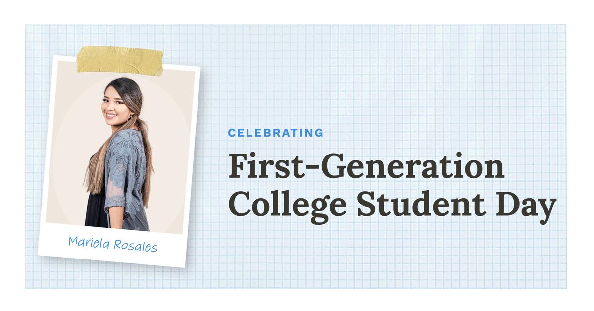 A custom animated graphic celebrating First Generation College Student Day, including images of four Scholars
