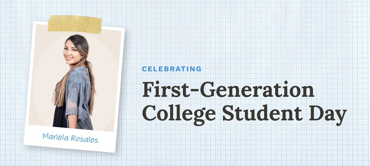 A graphic celebrating First Generation College Student Day, including images of four Scholars