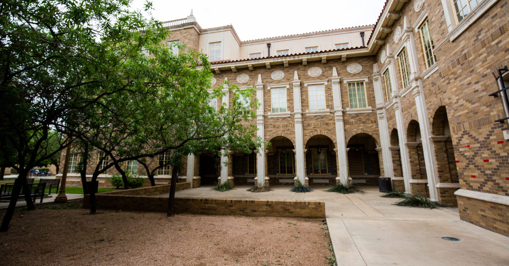 A courtyard view at the Texas Tech College of Education building