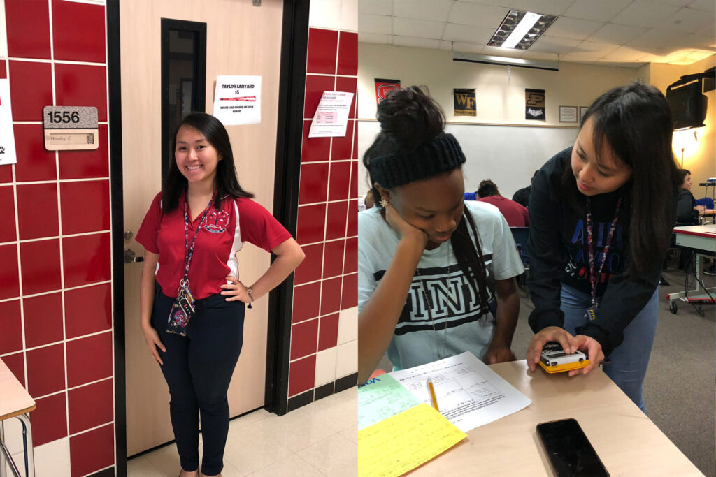 Two images showcasing a high school student serving as an assistant teacher through her district's "grow your own" education and training program