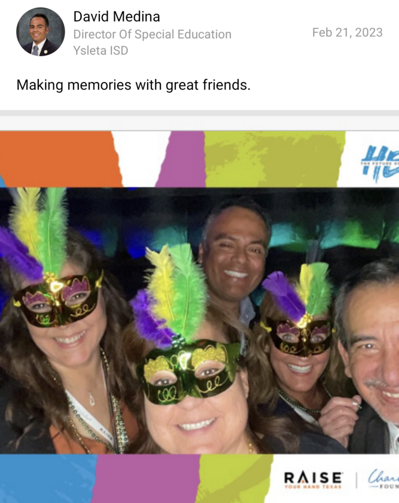 Five educators stand close together for a photo booth photo. Three of them are wearing festive purple, yellow and green eye masks celebrating Mardi Gras with text reading making memories with great friends.