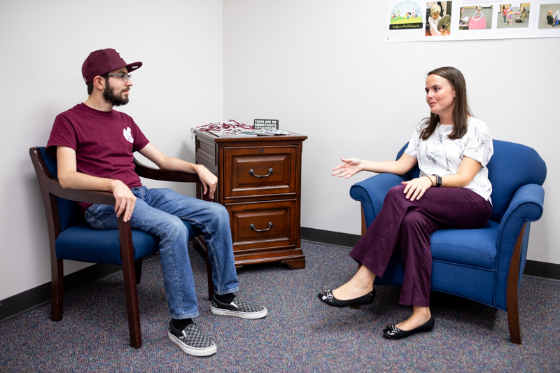 Matthew Carrizal meets with Dr. Olivia Hester, Program Director of Aggie ACHIEVE.