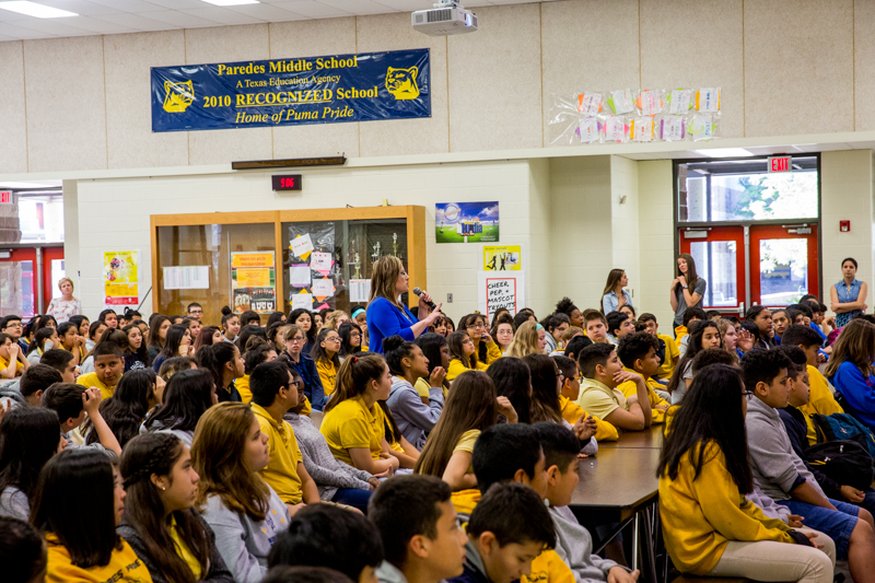 At Paredes Middle School, each week kicks off with a school-wide meeting to set the tone for the week ahead.