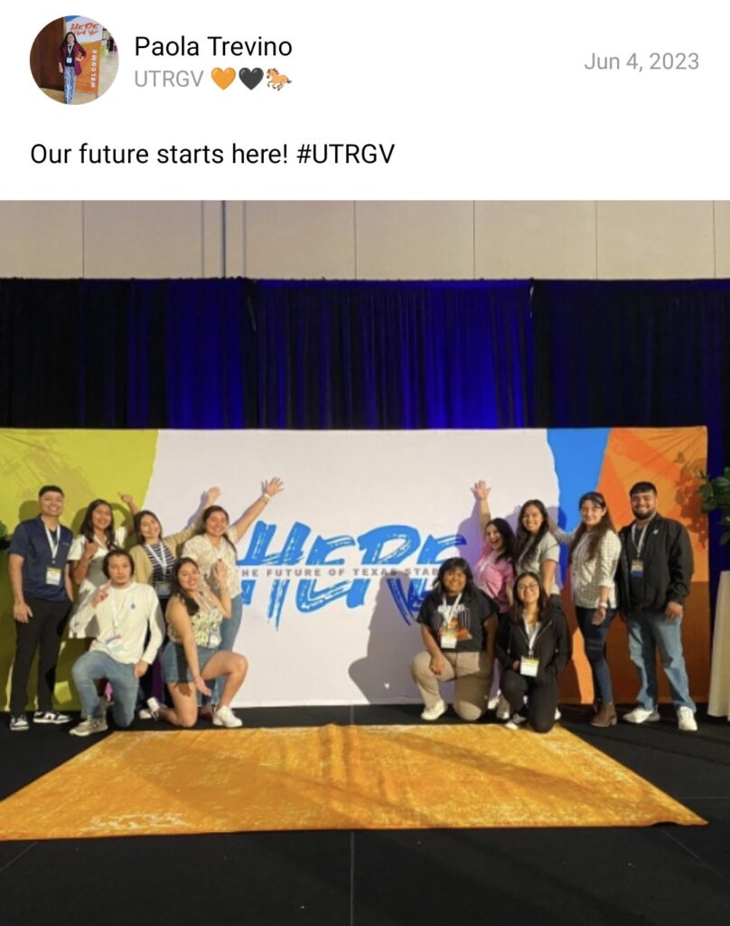 A group of Charles Butt Scholars and Alumni, who attended the University of Texas Rio Grande Valley, stand together smiling for a photo in front of a stage backdrop that reads "The future of Texas starts here!"