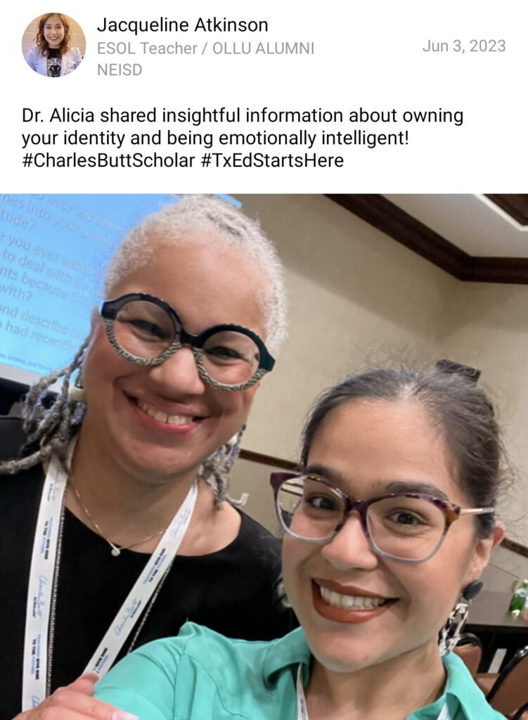 A session speaker and a Charles Butt Scholar Symposium attendee smile for a selfie together with a caption reading "Dr. Alicia shared insightful information about owning your identity and being emotionally intelligent!"