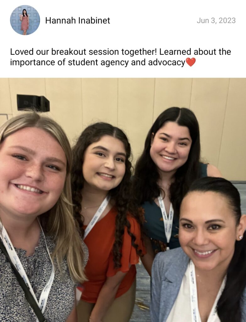 Four Charles Butt Scholar Symposium attendees stand close to one another for a selfie smiling with a caption reading "Loved our breakout session together! Learned about the importance of student agency and advocacy ❤️"