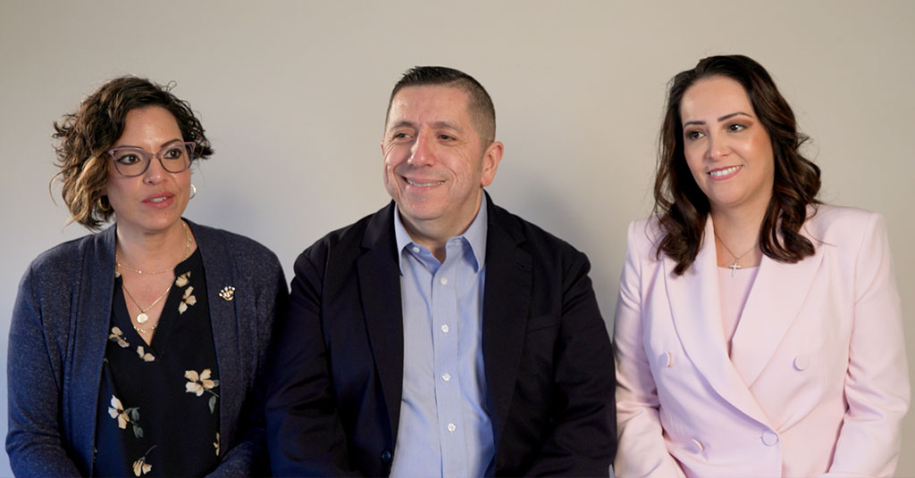 Sarah Venegas, Juan Guzman, and Claudia Poblano – three principals from El Paso – share a smile during a video interview.