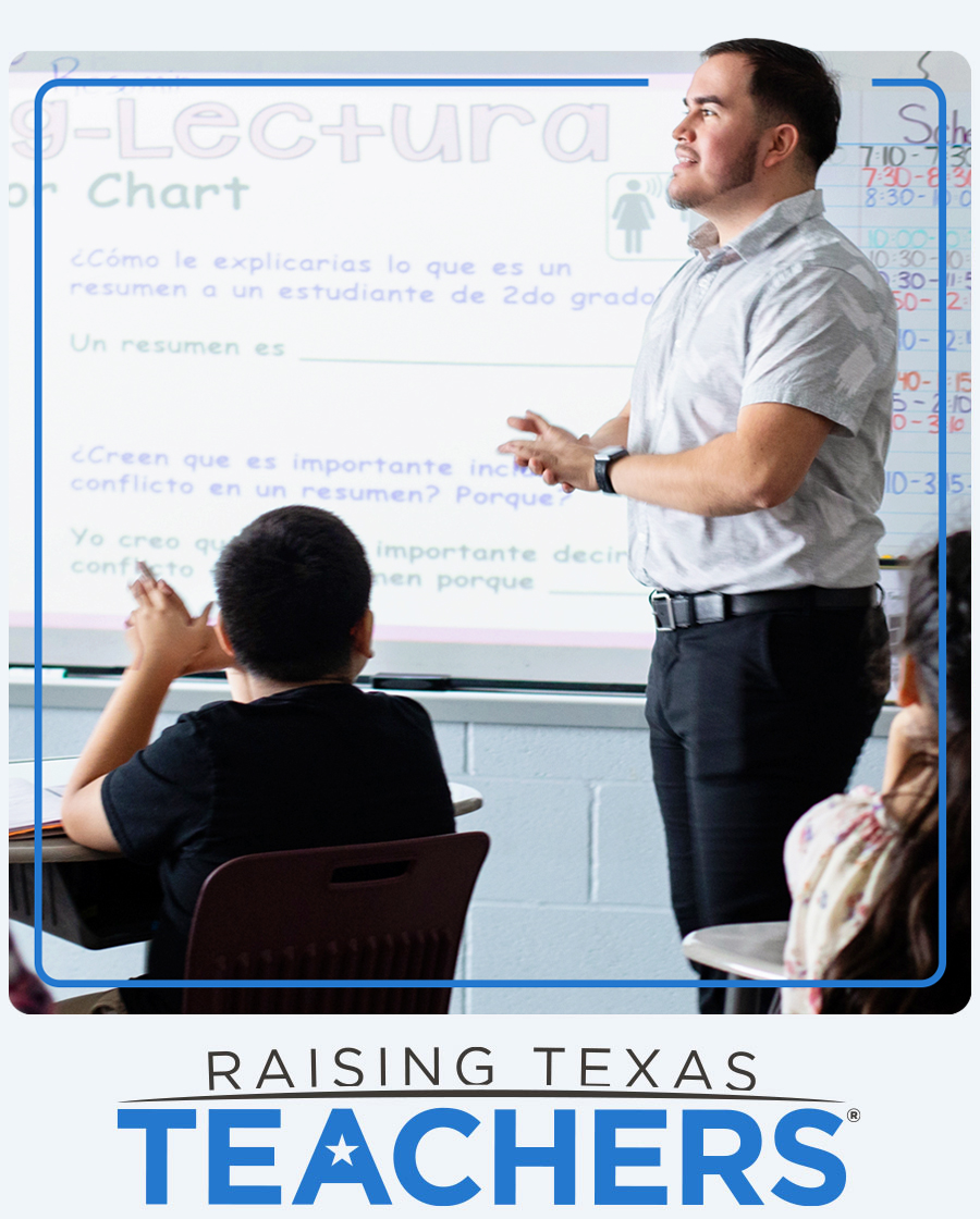 A Charles Butt Scholar, Uriel Iglesias, is seen teaching in front of his classroom of fourth-graders.