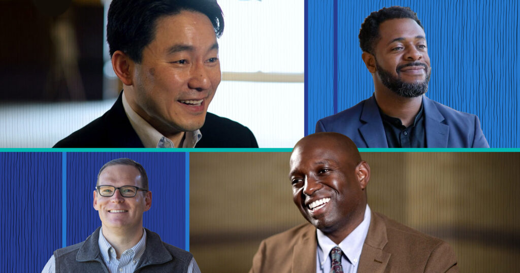 A collage image with photos of 4 different men smiling during casual conversation style interviews 