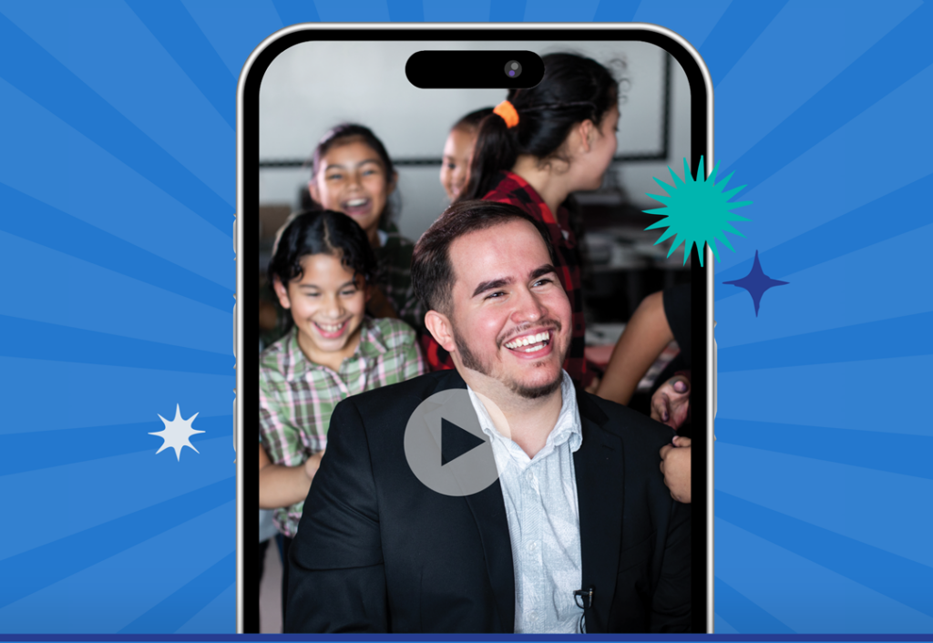 This colorful graphic features a cell phone with an image of a teacher behind it and a play button indicating a video recording.