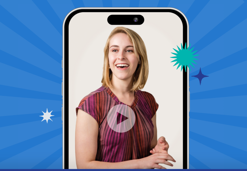 This colorful graphic features a cell phone with an image of a teacher behind it and a play button indicating a video recording.