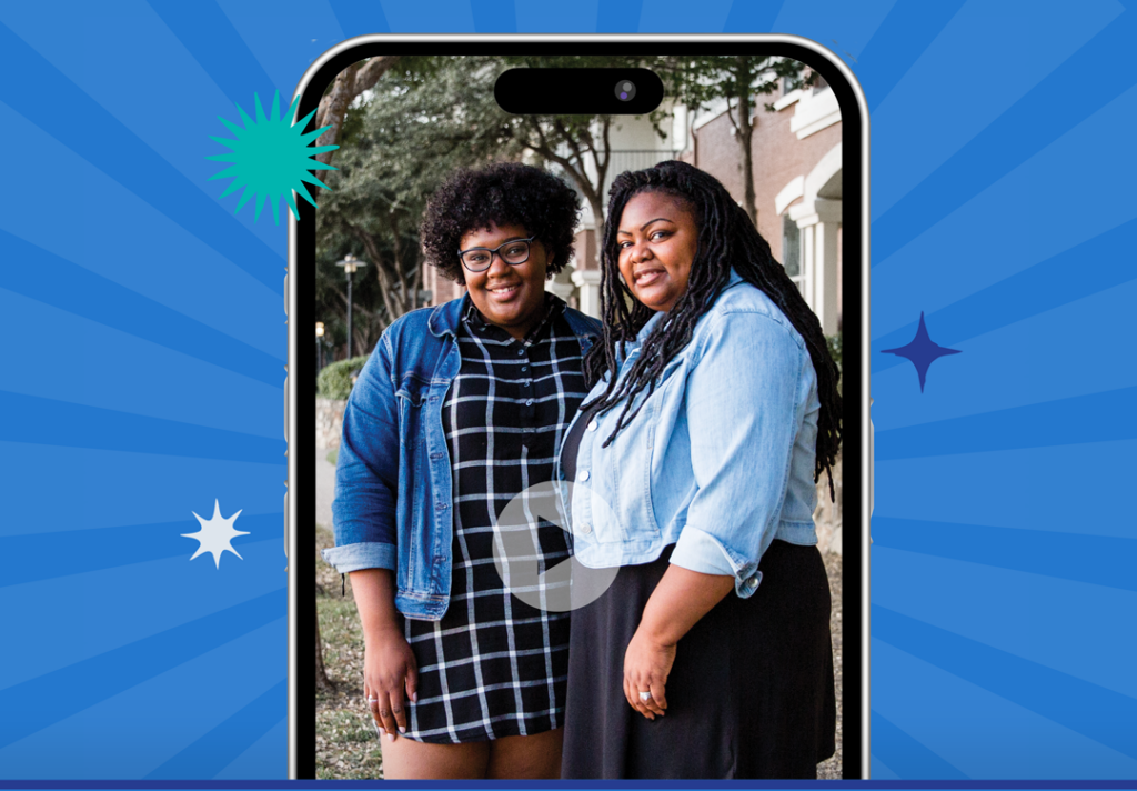 This colorful graphic features a cell phone with an image of a mother daughter pair behind it and a play button indicating a video recording.