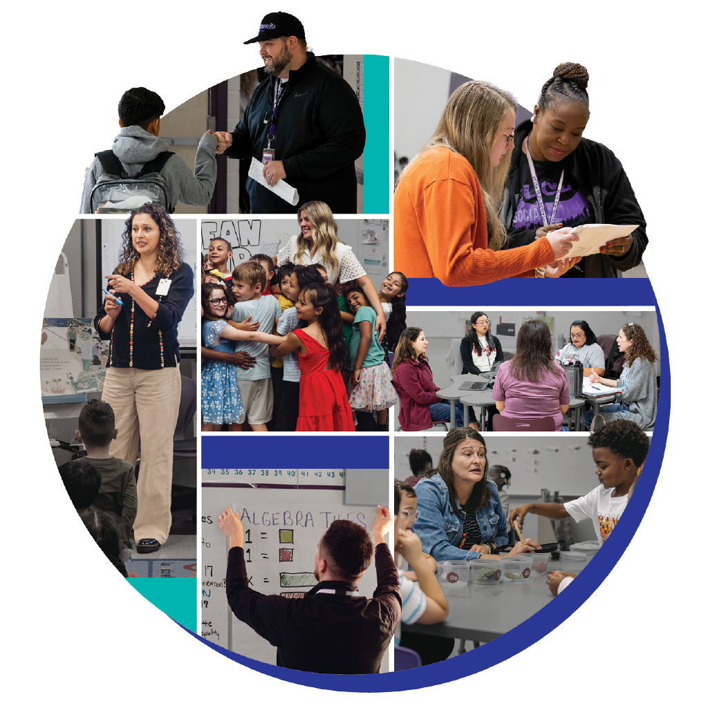 Circle image of various teachers interacting with students, staff, and others.