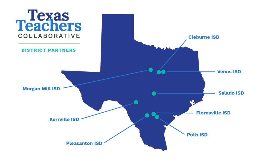 Texas Teacher Collaborative district partners infographic map of all participating districts located on a Texas map.