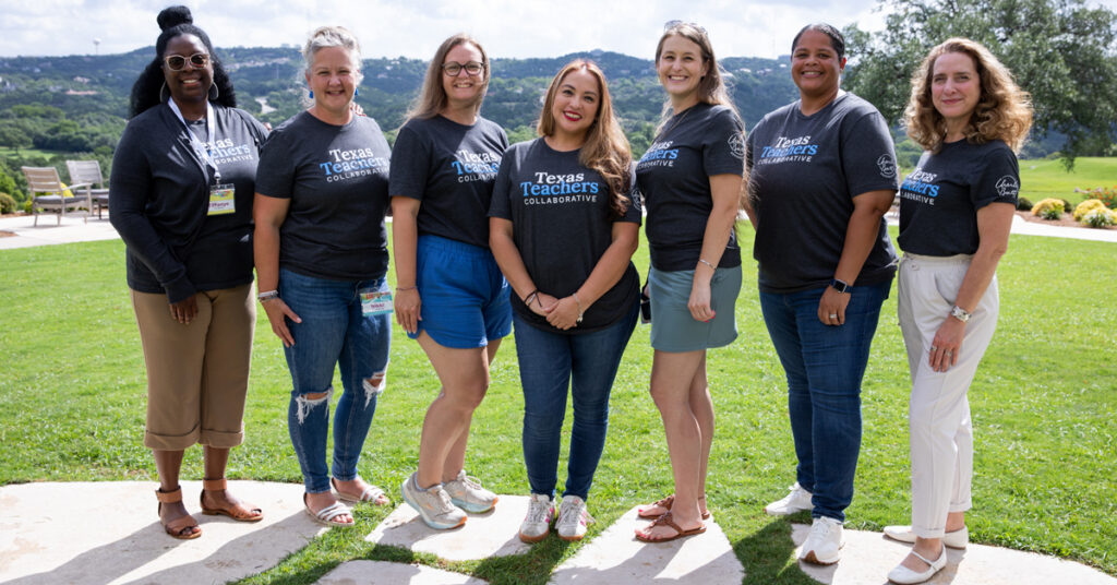 Texas Teachers Collaborative summer workshop - group shot featuring Angel Prado in the enter.